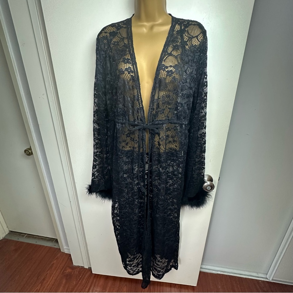 omighty‎ Black Floral Lace Tie Faux Fur Cuffs Dark Romantic Whimsy-Goth Duster M